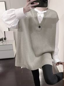 Solid Button Front Sweater Vest Without Blouse - Khaki - View 1