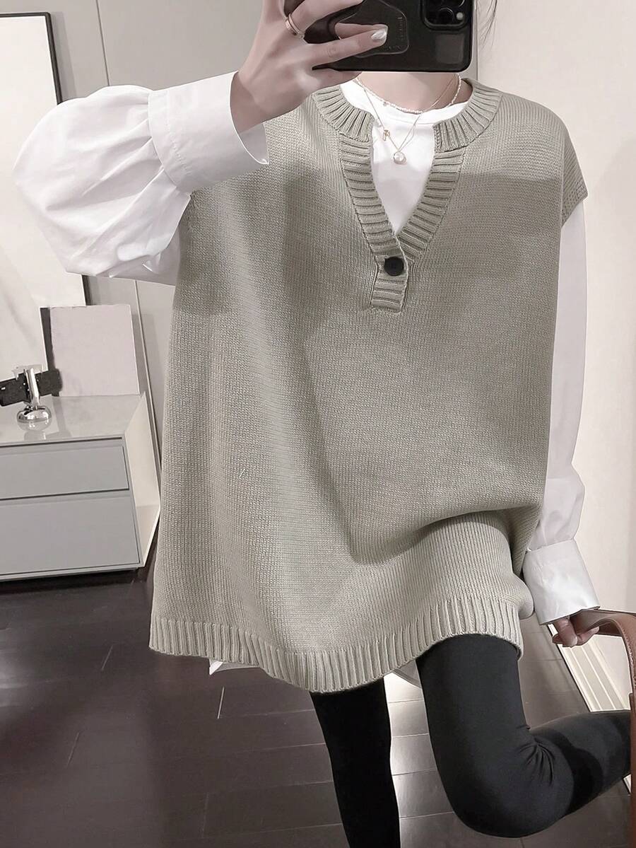 Solid Button Front Sweater Vest Without Blouse - Khaki - View 1