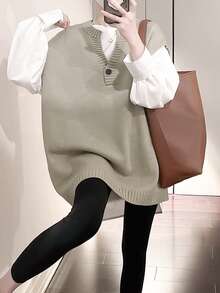 Solid Button Front Sweater Vest Without Blouse - Khaki - View 3