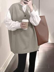 Solid Button Front Sweater Vest Without Blouse - Khaki - View 4