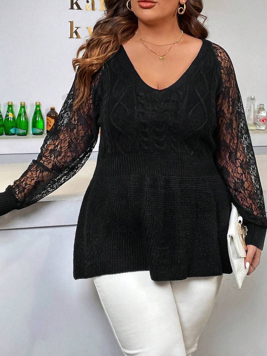 SHEIN LUNE 大碼蕾絲拼接插肩袖套頭毛衣 - 黑色 - 查看 1