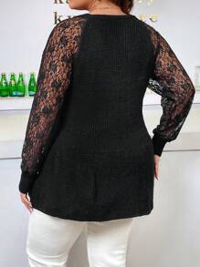 SHEIN LUNE 大碼蕾絲拼接插肩袖套頭毛衣 - 黑色 - 查看 2