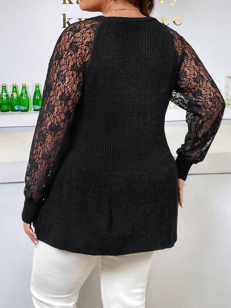 Plus Contrast Lace Raglan Sleeve Sweater Knit Pullover Fall Winter Sweater