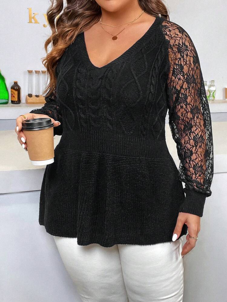 Plus Contrast Lace Raglan Sleeve Sweater Knit Pullover Fall Winter Sweater