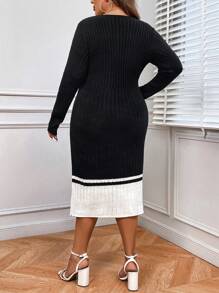 SHEIN LUNE Plus Surplice Neck Contrast Trim Sweater Dress - Black and White - View 2