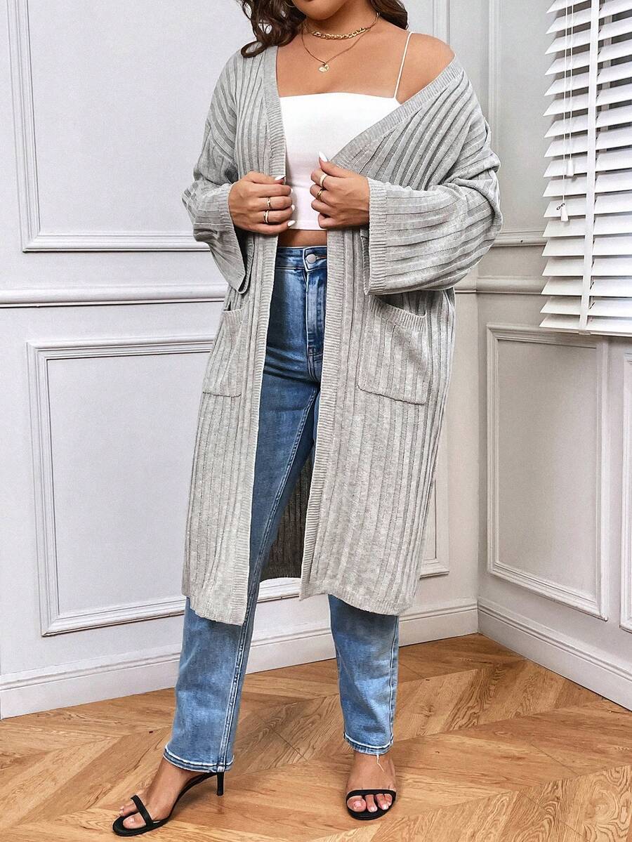 SHEIN LUNE 大码双口袋落肩开衫 - 淺灰色 - 查看 1