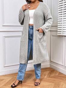 SHEIN LUNE 大码双口袋落肩开衫 - 淺灰色 - 查看 3