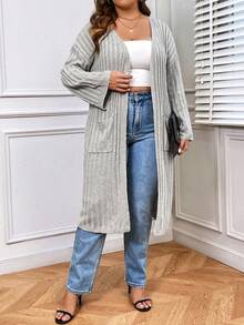 SHEIN LUNE 大码双口袋落肩开衫 - 淺灰色 - 查看 5