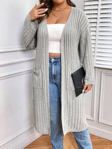 SHEIN LUNE 大码双口袋落肩开衫 - 淺灰色 - 查看 6