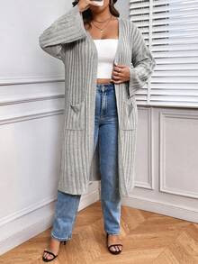 SHEIN LUNE 大码双口袋落肩开衫 - 淺灰色 - 查看 7