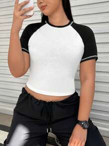 SHEIN EZwear Plus Colorblock Raglan Sleeve Crop Tee - White - View 1