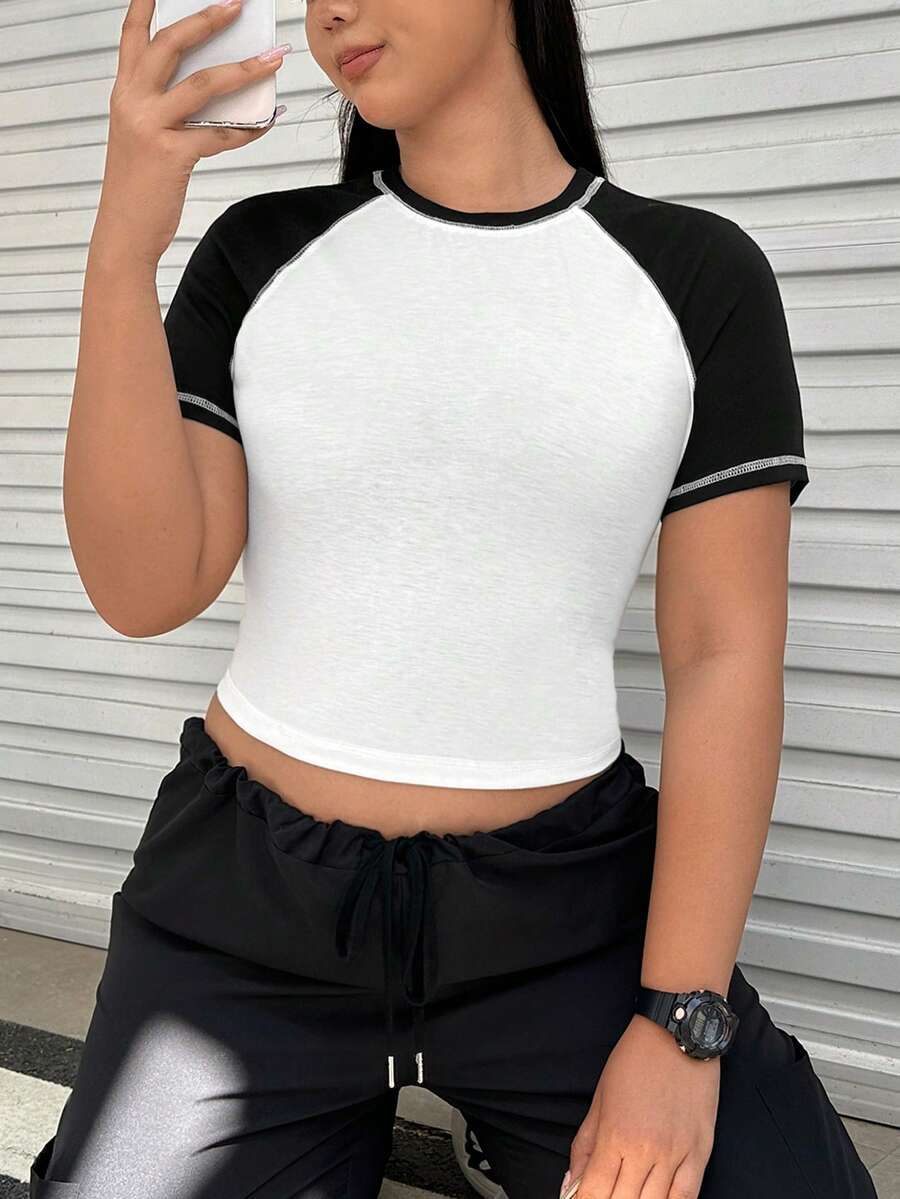 SHEIN EZwear Plus Colorblock Raglan Sleeve Crop Tee - White - View 1