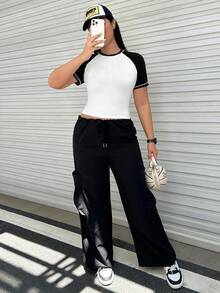 SHEIN EZwear Plus Colorblock Raglan Sleeve Crop Tee - White - View 5
