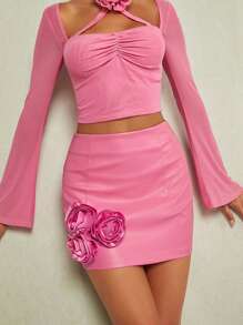 SHEIN BAE Solid Floral Appliques Detail Bodycon Skirt - Pink - View 1