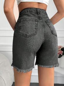 EURMUSE High Waist Ripped Raw Hem Denim Shorts - Dark Grey - View 2