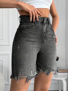 EURMUSE High Waist Ripped Raw Hem Denim Shorts - Dark Grey - View 3