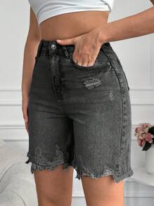 EURMUSE High Waist Ripped Raw Hem Denim Shorts - Dark Grey - View 4