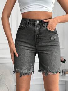 EURMUSE High Waist Ripped Raw Hem Denim Shorts - Dark Grey - View 5