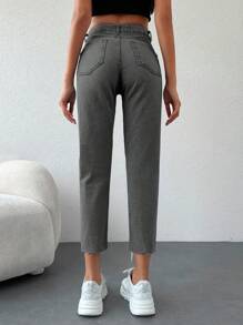 EURMUSE Ripped Raw Hem Mom Fit Jeans - Dark Grey - View 2