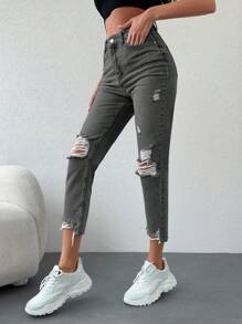 EURMUSE Ripped Raw Hem Mom Fit Jeans - Dark Grey - View 5