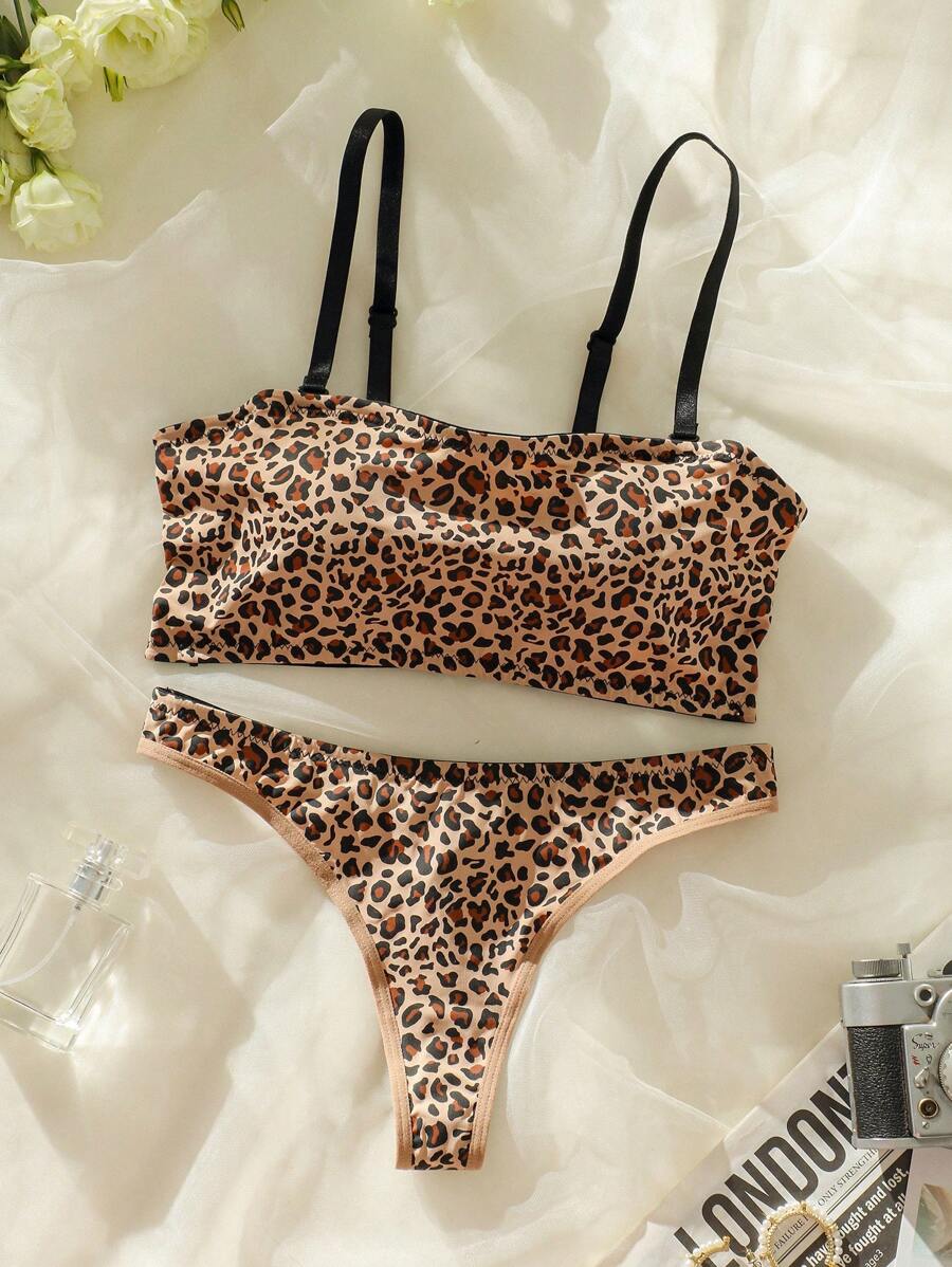 Leopard Print Bra & Panty Lingerie Set - Khaki - View 1