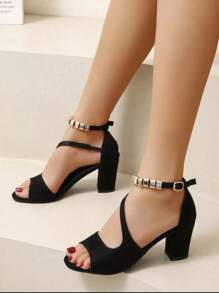 女士金屬裝飾粗跟涼鞋,優雅黑色仿麂皮踝帶平底涼鞋適合夏天