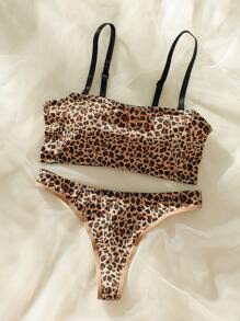 Leopard Print Bra & Panty Lingerie Set - Khaki - View 4