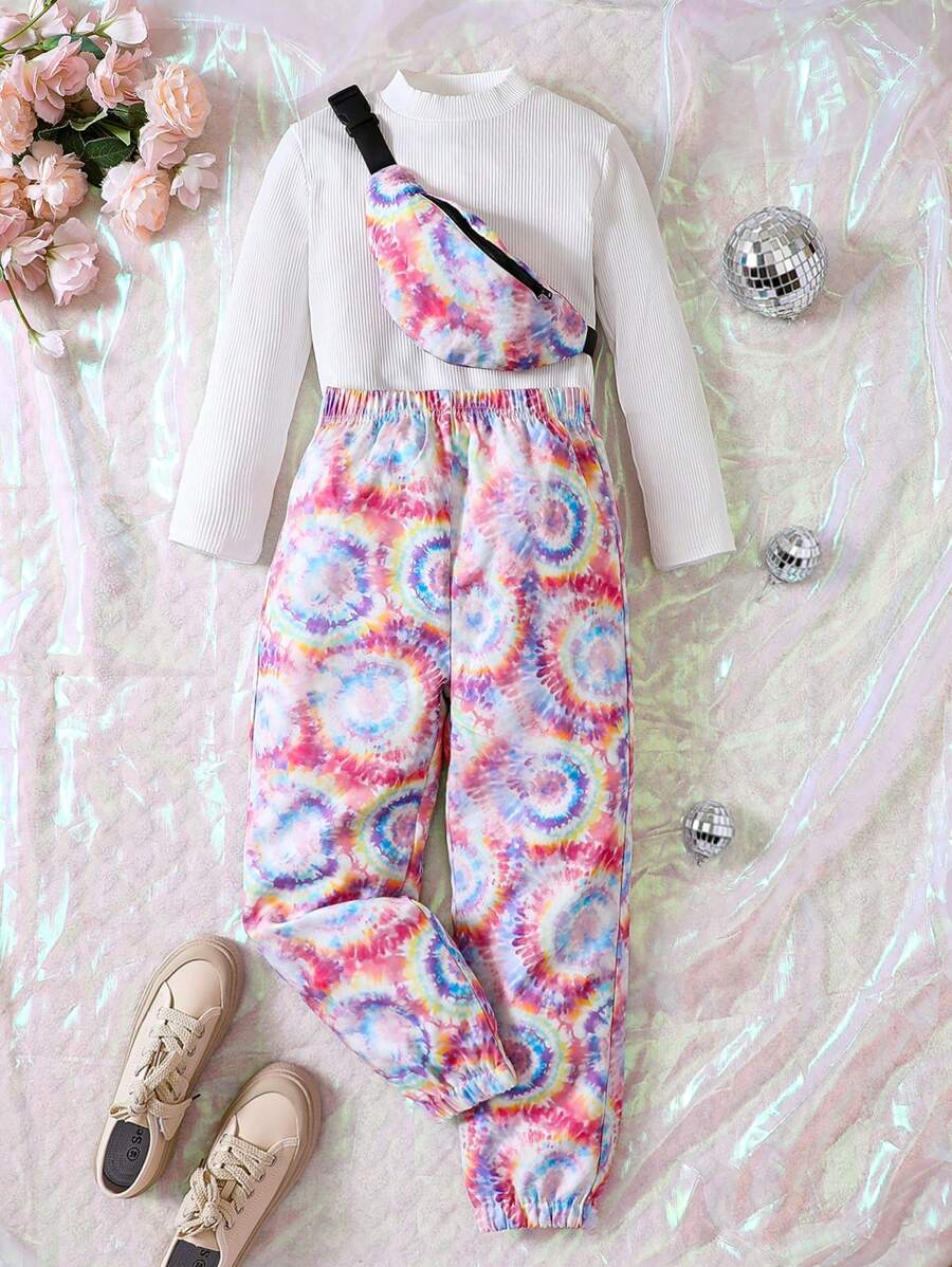 SHEIN 女大童素色小高領T恤&紮染長褲 - 彩色 - 查看 1