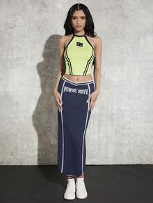 SHEIN ICON Đồ họa Chữ cái Tương phản ràng buộc Áo hai dây - Màu xanh chanh - Xem 4