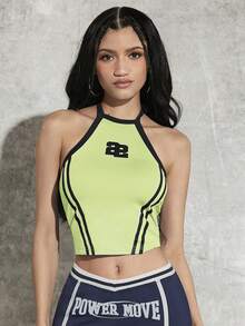 SHEIN ICON Đồ họa Chữ cái Tương phản ràng buộc Áo hai dây - Màu xanh chanh - Xem 6