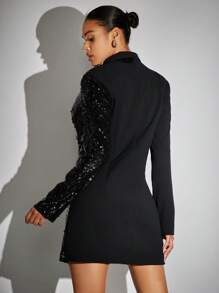 SHEIN BAE Shawl Collar Sequin Panel Blazer Dress In Fall/Winter - Black - View 2
