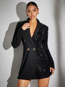 SHEIN BAE Shawl Collar Sequin Panel Blazer Dress In Fall/Winter - Black - View 3