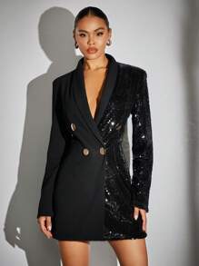 SHEIN BAE Shawl Collar Sequin Panel Blazer Dress In Fall/Winter - Black - View 7