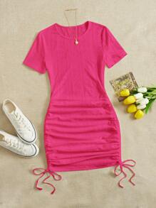 SHEIN EZwear Drawstring Side Ruched Bodycon Dress - Hot Pink - View 1