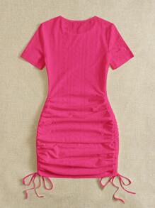 SHEIN EZwear Drawstring Side Ruched Bodycon Dress - Hot Pink - View 2
