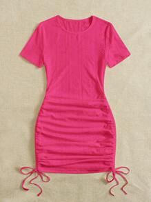 SHEIN EZwear Drawstring Side Ruched Bodycon Dress - Hot Pink - View 5