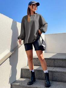 SHEIN EZwear Thêu Chữ Áo thun Thả vai - Màu xám đen - Xem 3