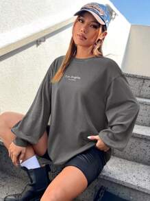 SHEIN EZwear Thêu Chữ Áo thun Thả vai - Màu xám đen - Xem 4