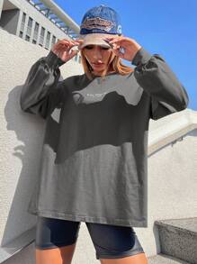 SHEIN EZwear Thêu Chữ Áo thun Thả vai - Màu xám đen - Xem 5