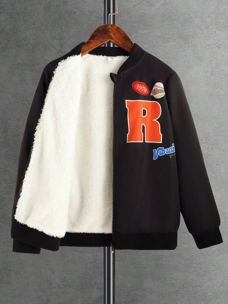Tween Boy Letter Graphic Thermal Lined Bomber Jacket - Black - View 1