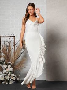 SHEIN Belle Draped Collar Lace Panel Ruffle Trim Wedding Dress - White - View 4