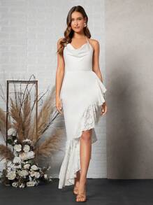SHEIN Belle Draped Collar Lace Panel Ruffle Trim Wedding Dress - White - View 5