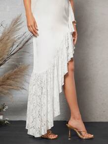 SHEIN Belle Draped Collar Lace Panel Ruffle Trim Wedding Dress - White - View 7