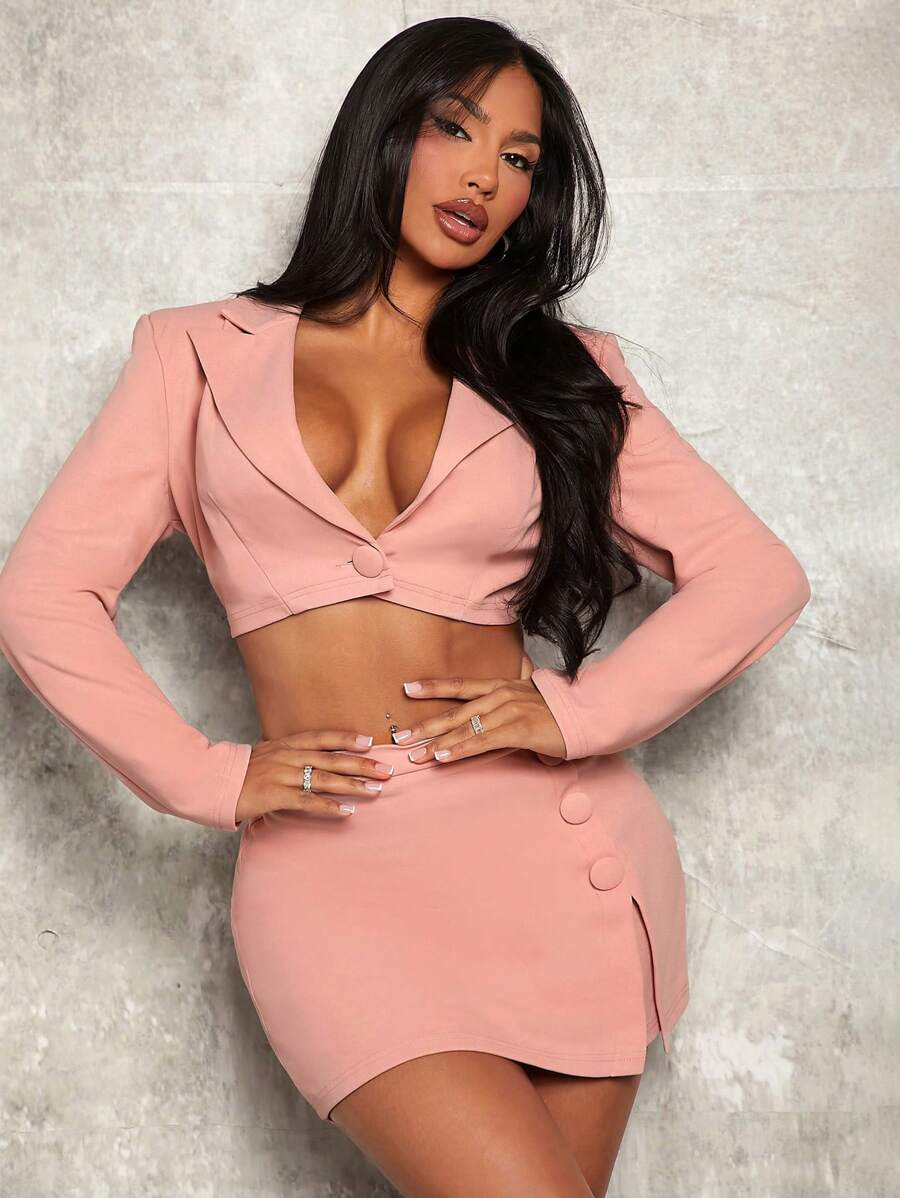 SHEIN SXY 西裝領短版西裝&紐扣細節半身裙 - 粉色 - 查看 1