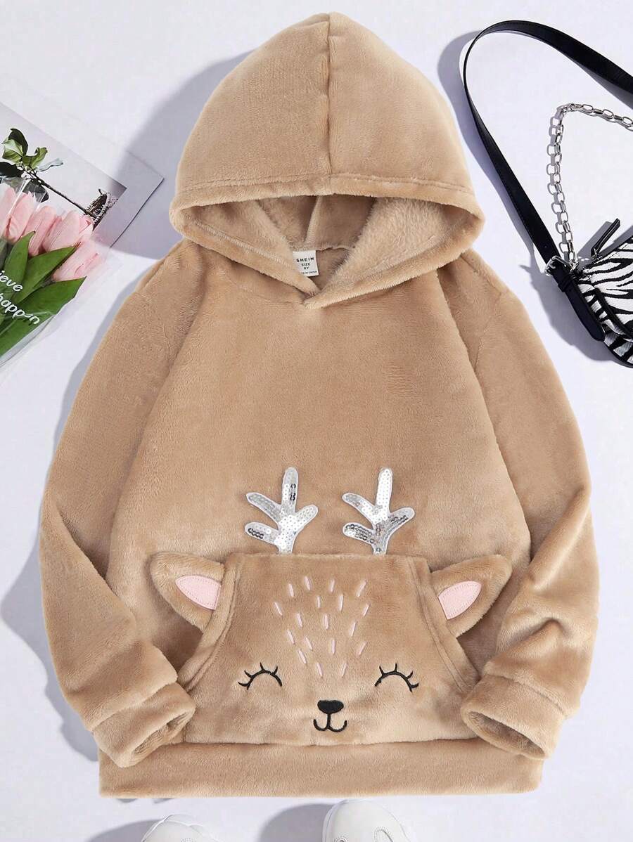 SHEIN Tween Girl Cartoon Embroidery 3D Ears Design Hooded Flannel Sweatshirt - Khaki - View 1