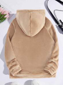 SHEIN Tween Girl Cartoon Embroidery 3D Ears Design Hooded Flannel Sweatshirt - Khaki - View 2
