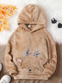 SHEIN Tween Girl Cartoon Embroidery 3D Ears Design Hooded Flannel Sweatshirt - Khaki - View 3