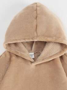 SHEIN Tween Girl Cartoon Embroidery 3D Ears Design Hooded Flannel Sweatshirt - Khaki - View 5