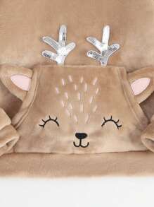 SHEIN Tween Girl Cartoon Embroidery 3D Ears Design Hooded Flannel Sweatshirt - Khaki - View 6