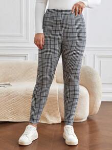 SHEIN Frenchy Plus Size Boho Plaid Print Leggings - Grey - View 3